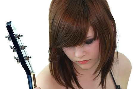 摇滚女孩配吉他黑发女性岩石青少年青年吉他手乐器摇杆女士音乐图片