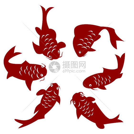 科伊鱼尾巴圆形程式化金鱼魅力运气红色鲤鱼艺术插图图片