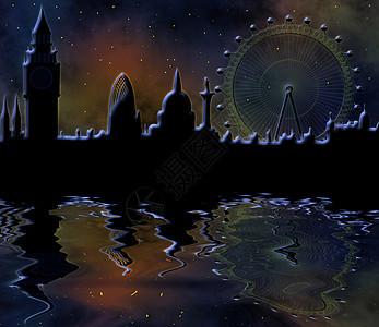夜间伦敦天际建筑物景观车轮星星钟楼遗产圆顶星尘摩天轮教会图片