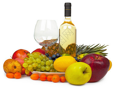 白底葡萄酒和水果的死活图片