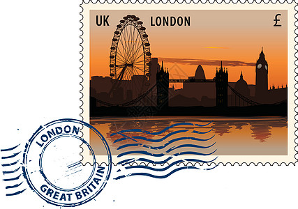 来自伦敦的邮戳邮件天空划痕邮政邮票首都英语景观橡皮日落图片
