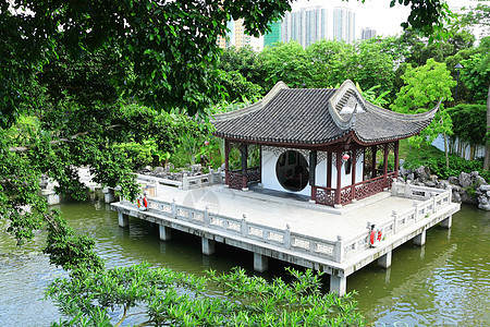 中国花园池塘房子环境建筑艺术植物分支机构松树园艺文化图片