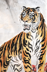 带有老虎形象的中国绘画艺术作品毛笔艺术品遗产文化动物背景图片