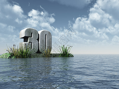 30 三十数字芦苇插图蓝色周年岩石纪念碑地平线海洋多云背景图片
