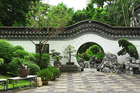 中国风格的花园池塘花朵松树天空房子小路竹子文化园艺公园图片