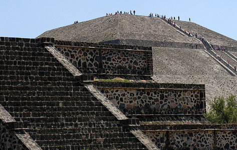 墨西哥Teotihuacan石头文化太阳寺庙牙裔楼梯城市游客金字塔废墟图片