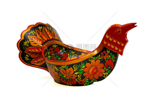 以孤立的木瓜鸟形状俄罗斯木漆木画碗图片