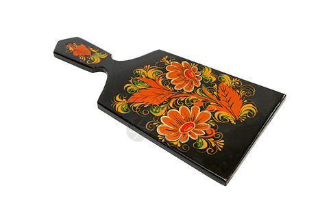 俄罗斯传统的黑切黑板 用孤立的鲜花粉刷乡村艺术文化木板厨房手工业纪念品用具工艺金子图片