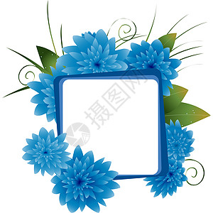 蓝色花花叶子艺术装饰绿色插图白色空白风格背景图片