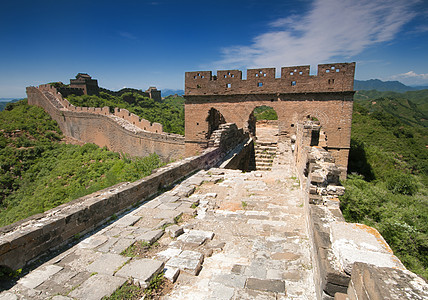 中国的长城地标天空防御观光旅行蓝色背包远足爬坡石头图片