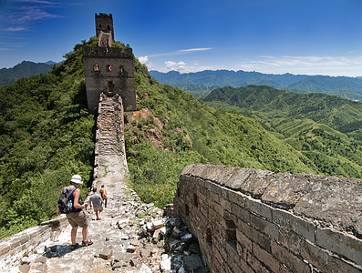 中国的长城石头晴天蓝色地标防御观光天空建筑学旅游爬坡图片