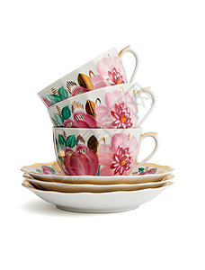 3个瓷茶杯的堆叠式茶杯 配有隔绝的酱盘图片