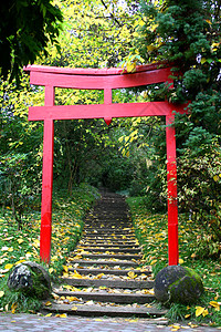 圣殿门建筑物建筑红色树木神道神社寺庙绿色图片