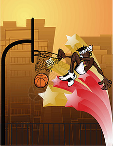 城市高手运动员卡通片篮球运动男性灌篮插图黑色背景图片