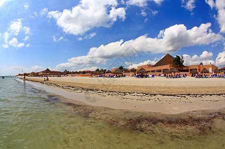 在坎昆一个豪华海滩度假胜地的海滩前滩美丽地平线蓝色假期棕榈旅游奢华天堂海洋别墅图片