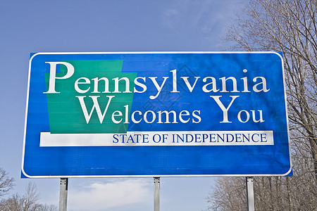 欢迎来到宾夕法尼亚州驾驶路标车道旅行旅游公路蓝色图片