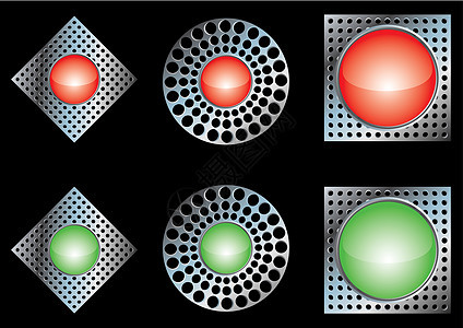 闪亮金属按钮正方形圆圈反射网络互联网网站圆形插图红色灰色图片