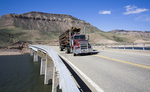 桥上的卡车车辆加载木头驾驶商业住房安全运输司机货运图片