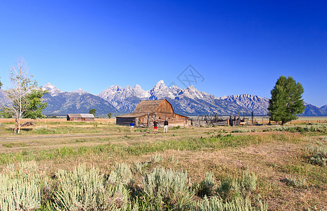 Grand Teton的穆尔顿仓库谷仓游客蓝色日出公寓国家山脉反射晴天天空图片