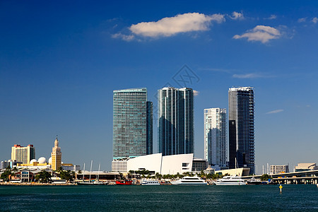 迈阿密市中心高楼大楼市中心商业热带晴天海洋摩天大楼蓝色港口城市建筑学图片