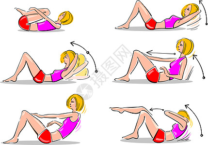 做腹部运动的妇女女士闲暇行动绘画卡通片插图健身房有氧运动身体女性图片