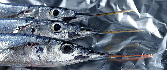 三条针鱼 未烹煮的大型工作室拍摄食物钓鱼店铺盘子餐厅烹饪眼睛厨房市场海鲜图片