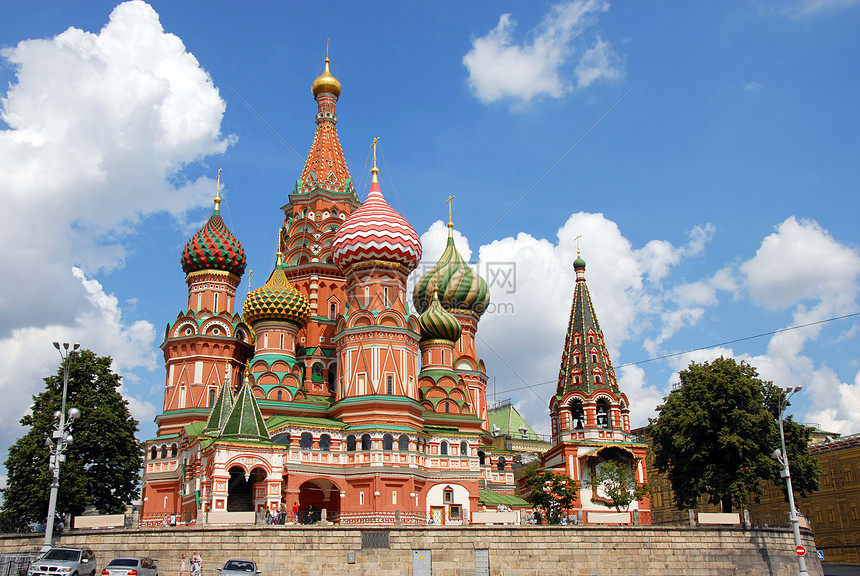 莫斯科圣巴希尔大教堂金子建筑学正方形大教堂蓝色天空上帝艺术宗教圆顶图片