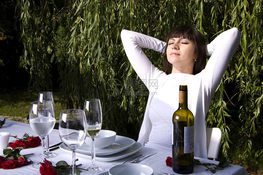 在花园里放轻松酒杯午餐阳台瓶子盘子玻璃环境饮料派对桌子图片