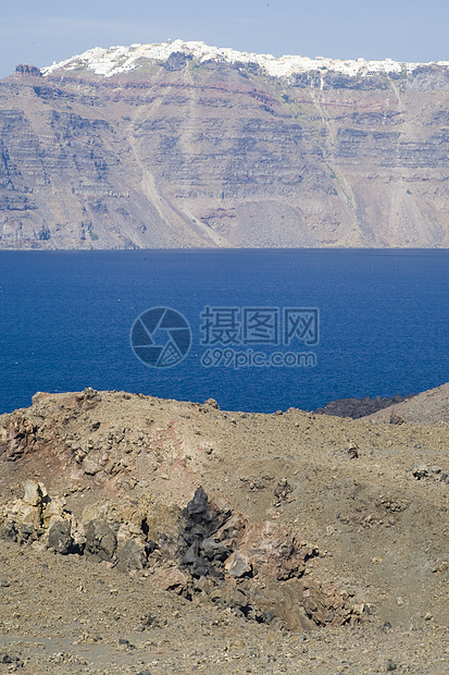 圣托里尼希腊海岸线场景目的地避暑胜地蓝色火山口娱乐异国景观支撑图片