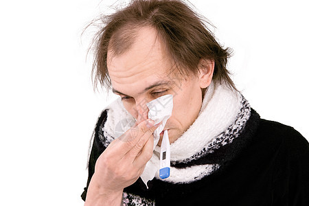 疾病发病症状发烧男人毛衣肺炎手帕过敏成人温度流感背景图片