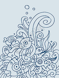 鱼海洋绘画草图生活波浪写意海洋生物艺术插图蓝色图片