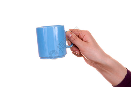 手拿着杯子信号棕榈玻璃手指蓝色概念女性菜肴咖啡图片