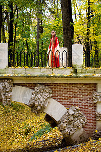 秋天森林中的淑女衣服裙子公主树叶故事戏服传奇头发栅栏神话图片