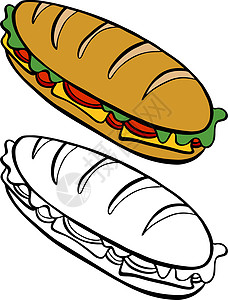 潜艇三明治蔬菜牛肉插图白色食物午餐黑色染色卡通片面包图片