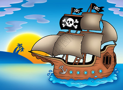 海上海盗船只运输议事警告天空航行旅行太阳旗帜危险木头图片