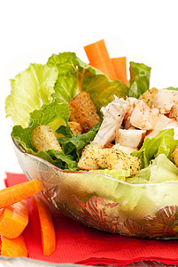 鸡肉凯撒沙拉莴苣午餐小吃蔬菜长叶沙拉面包食物白色饮食图片