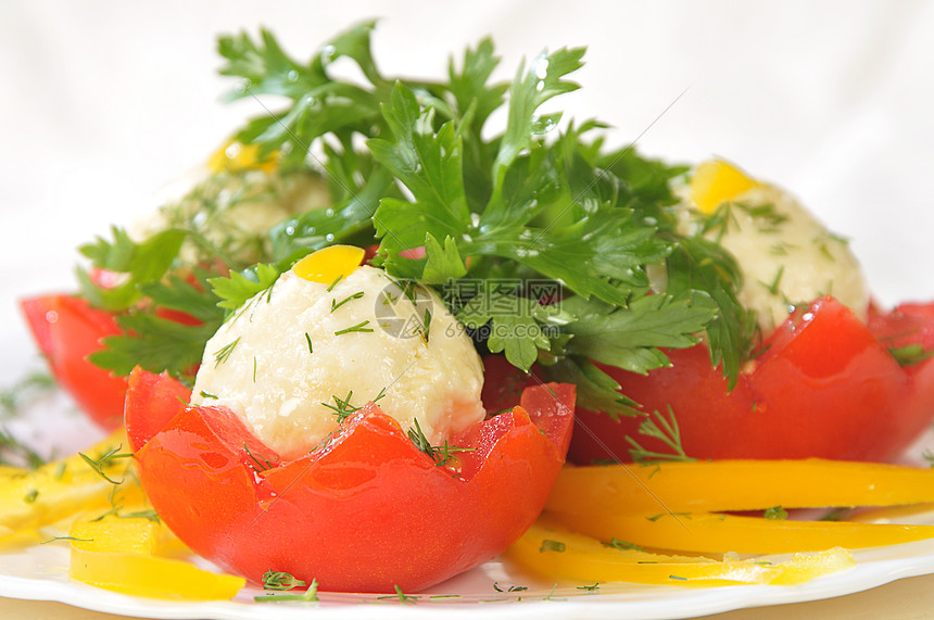 红西红番茄和奶酪大理石消费黄色绿色白色红色机构食物香菜东西主义者图片
