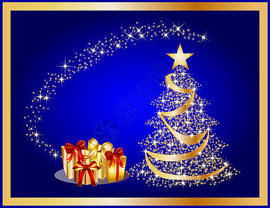 蓝色背景的金色圣诞树图片