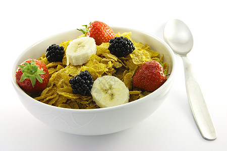 玉米片和水果 在白碗里与勺子小麦厨房谷物早餐玉米午餐营养浆果小吃饮食图片