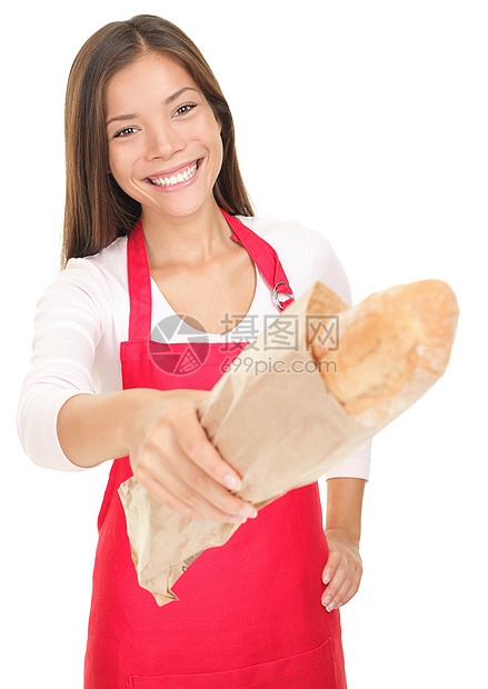 提供面包的妇女销售员图片