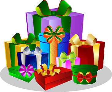 白色背景上的多彩礼品盒墙纸礼物盒生日礼物盒子插图阴影丝带背景图片
