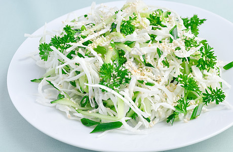 新鲜卷心菜沙拉和含草药和芝麻的黄瓜盘子叶子饮食香料胡椒香菜沙拉蔬菜营养洋葱图片