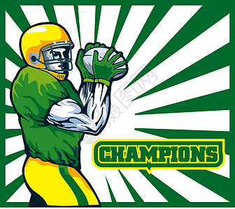 美式足球运动员四分卫冠军绿色插图头盔玩家四分卫运动黄色金子背景图片