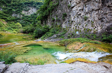 中国云台山的瀑水和级联瀑布蓝色踪迹运泰岩石地质地质学旅游吸引力矿物图片
