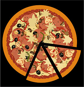 黑色背景上真实的比萨披萨食物香肠脆皮披萨香料美食用餐面团小吃茶点图片