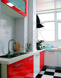 厨房木头洗涤闲暇电器设备双柜把手房子金属红色图片