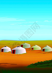 向量 风景蒙古包草原天空蓝色照片树木白色免费插图帐篷图片