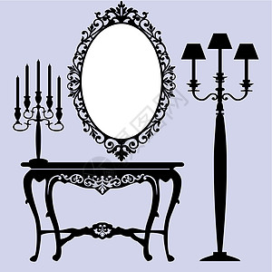 古董家具框架墙纸装饰品插图黑色镜子桌子安慰烛台图片