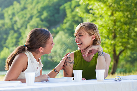 女性朋友的偷盗喜悦快乐棕色享受野餐社交情绪朋友们头发公园图片