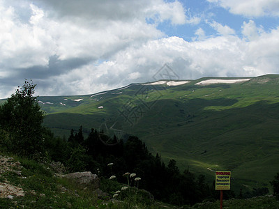 山山脉全景青菜植被森林花朵旅行高地天空植物群爬坡图片